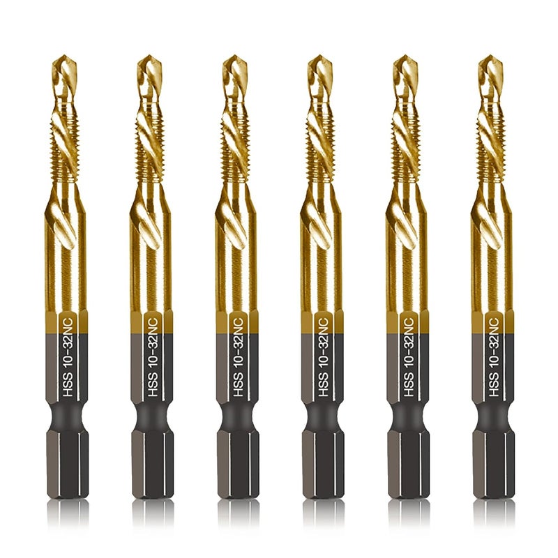 DKIBBITH 6-pc 10-32NC Combination Drill Tap Bit Set SAE, 10-32NC Thread Size, Titanium Coated High-Speed Steel, Ideal for Drilling Threading and Countersinking in Soft Metal Wood and Plastic, 1/4” Hex Shank - Image 1